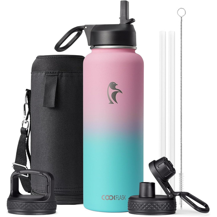 Термос-бутилка Coolflask 1180 мл з трубочкою, 3 кришки, металевий, вакуумний, для спорту та офісу, Bubble Gum