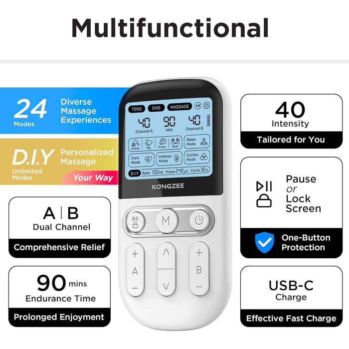 4-в-1 Пристрій для DIY електростимуляції EMS, масажер м'язів та нервів, терапевтичний пристрій TENS з двома каналами для зняття болю, схвалений FDA, з 12 електродними подушечками (білий)