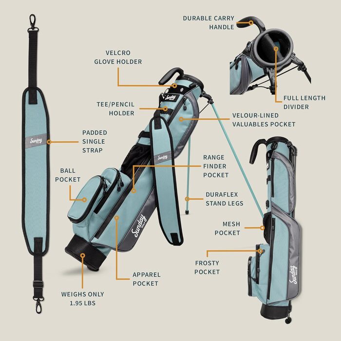 Гольф сумка Sunday Loma: легка сумка з ременем та стійкою – ідеальна для поля, Par 3 та Executive курсів