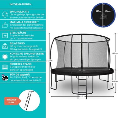 Трамплін для саду Zero Gravity Ø 183-427 см - TÜV сертифікований, з драбиною, стійкий до вітру. Відеоінструкція з монтажу.