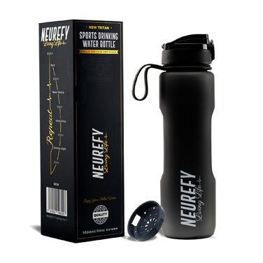 Спортивна пляшка 1л Tritan Матова Чорна - Не протікає, Зручна, Без BPA - Пляшка з індикатором об'єму та фільтром - Для спортзалу, фітнесу, активного відпочинку, офісу, університету, школи 1л - Матовий Чорний