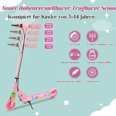 Дитячий самокат TENBOOM з 2 колесами, складаний, для дітей від 3 років, з LED-колесами, регульована висота, для хлопчиків і дівчаток