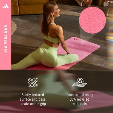 Килимок для йоги Adidas 6 мм, протиковзаючий, з перероблених матеріалів (176 x 61 см), Pink Fusion