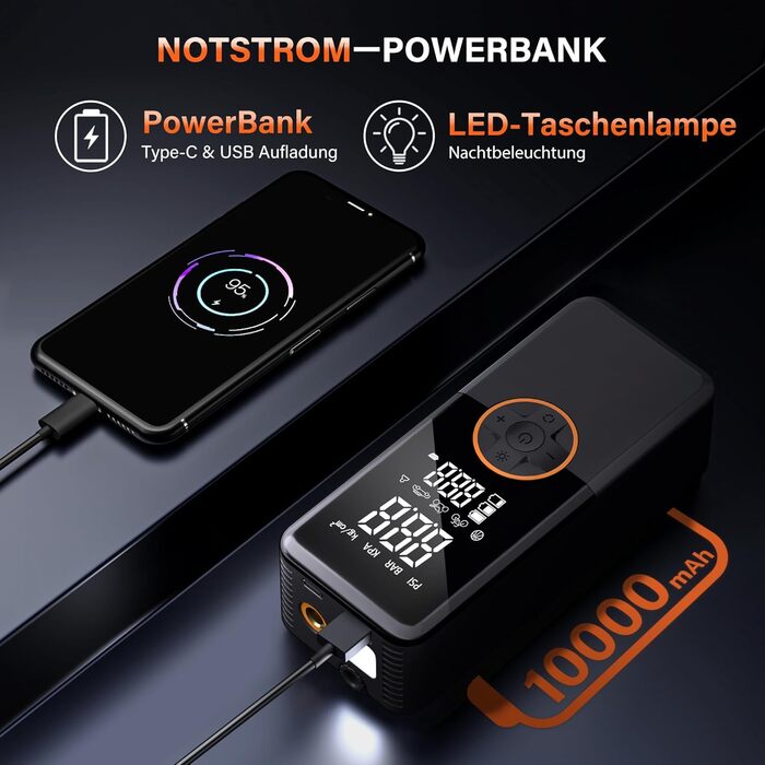Портативний електричний компресор-насос 10000mAh, 150 PSI для велосипеда з манометром та LED підсвічуванням