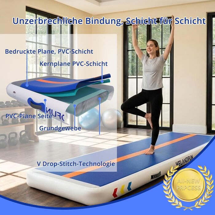 Надувний гімнастичний мат для тамблінгу та йоги Air Matte Track (темно-синій, 300x100x20 см) з насосом
