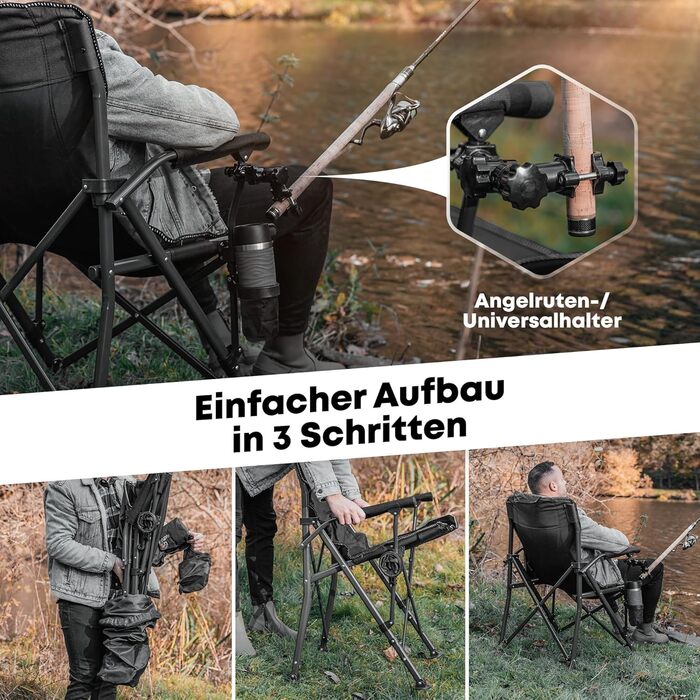 Зручний складаний стілець для кемпінгу та риболовлі, 160 кг, з подушкою та кишенею для напоїв (Чорний)