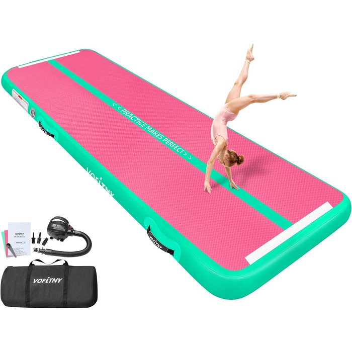 Гімнастичний надувний мат VOFiTNY товщиною 10/20 см для дому, парку, води. Розміри: 3/4/5/6 м. Рожевий/зелений колір.