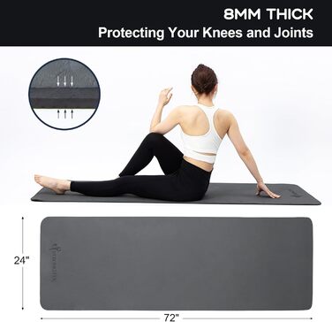 Килимок для йоги StrongTek TPE 183x61x0,6 см, нековзкий, легкий, з ременем для перенесення, для йоги, пілатесу та фітнесу, чорний/сірий