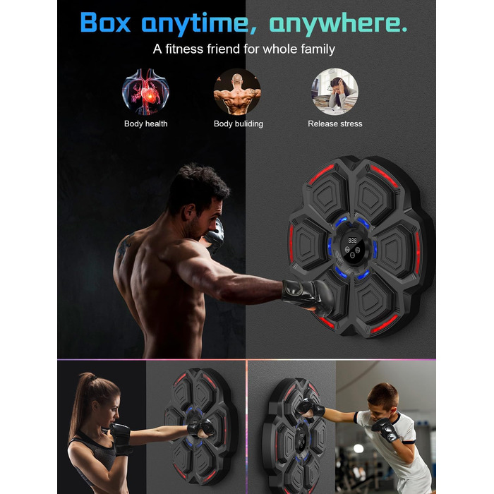 Музична боксерська машина з LED-підсвіткою та Bluetooth, 9 режимів швидкості, підрахунку ударів, рукавички в комплекті. Для дорослих та дітей