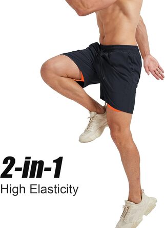 Шорти спортивні чоловічі для бігу 2 в 1, швидкі, короткі, для тренувань та марафону, з кишенею на блискавці (S, чорний та оранжевий)