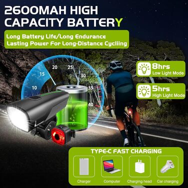Комплект велосипедних LED-ліхтарів StVZO, акумулятор 2600 мАг, водонепроникні, USB зарядка, з індикатором батареї, передній і задній світло для дітей і дорослих