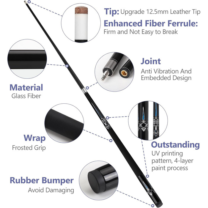 Професійний більярдний кий з чохлом, комбінований набір, 12.5 мм, для чоловіків та дорослих, чорний, 147.3 см