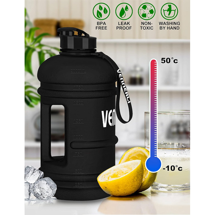 VENNERLI Спортивна пляшка для води 2,2 л, пластикова, зручна ручка, BPA Free, не протікає, для тренувань, фітнесу, спортзалу, офісу та дому, матова синя