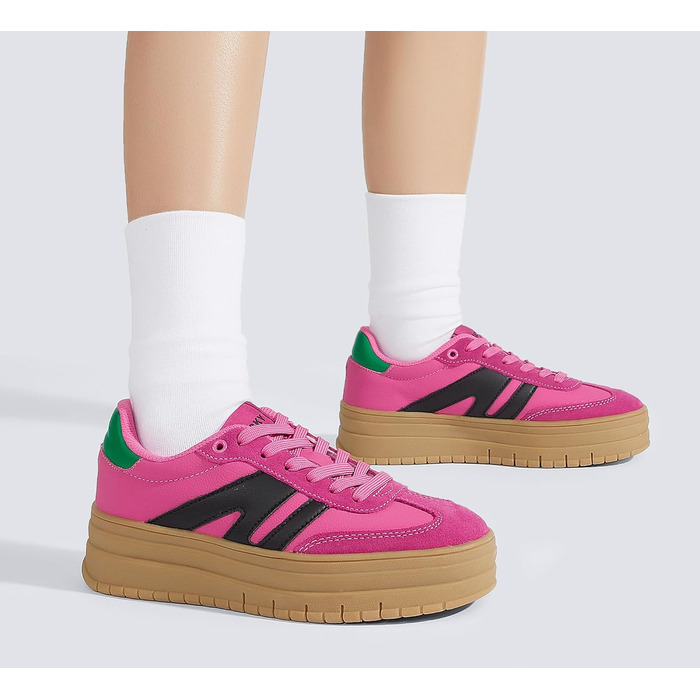 Кросівки LUCKY STEP Plateau Sneaker для жінок - платформа, канвас, ретро стиль, низький профіль, комфортні для повсякденного носіння, бежево-зелені (36 EU, фуксія, чорний)