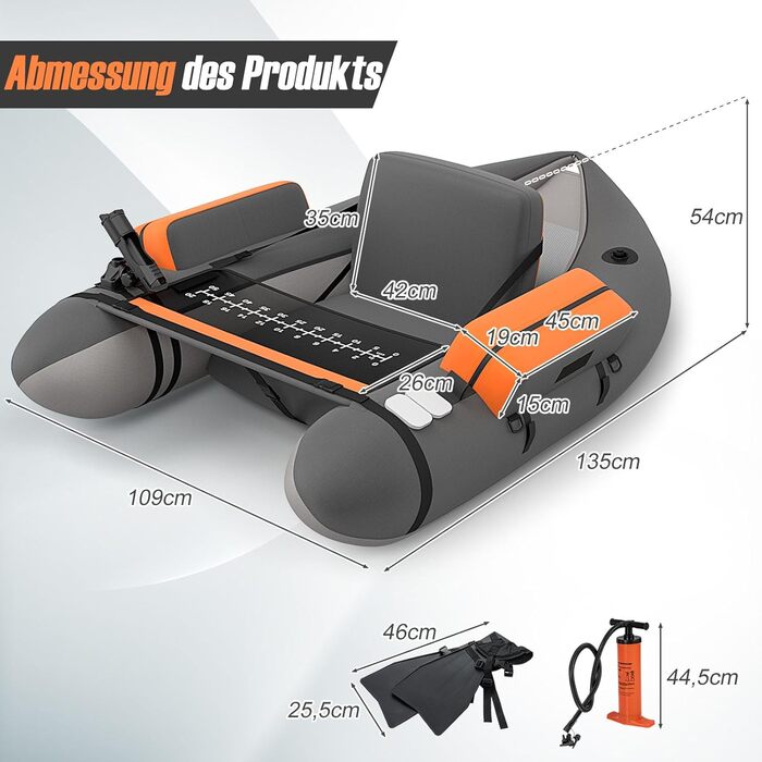 Надувне рибальське човен GYMAX: компактне belly boat з насосом, веслами та регульованими ременями. Витримує до 150 кг (сірий)