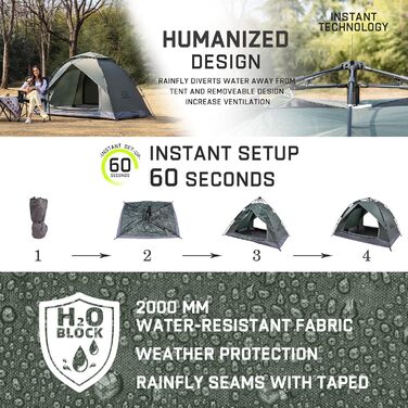 Намет для кемпінгу 2 особи, водонепроникний, Pop Up, для трекінгу та фестивалів, 230x170x135 см, захист від вітру та сонця (оливковий)