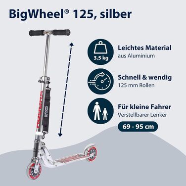 Дитячий самокат Hudora BigWheel 125 - міцний та якісний, з регулюванням висоти та складний, до 100 кг, з ремінцем (срібний)