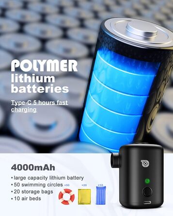 Електрична повітряна помпа 5200mAh з акумулятором для басейну, дитячого басейну, надувних іграшок, матраців та човнів (сіра)