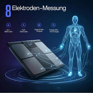 Розумні ваги для аналізу складу тіла Körperanalyse-Waage: 58 показників, 8 електродів, Bluetooth, додаток без підписки, мультикористувач, звітність
