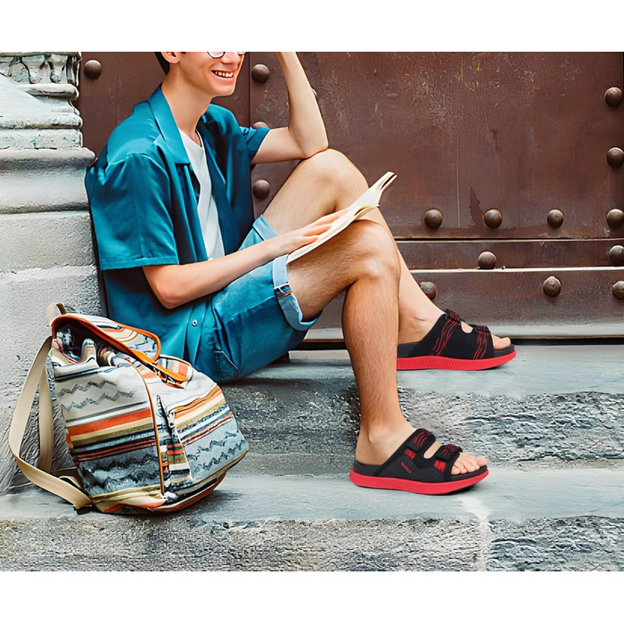 Чоловічі спортивні сандалі KuaiLu з м'якою устілкою, літні шльопанці на липучці (Чорно-червоні, 46 EU)