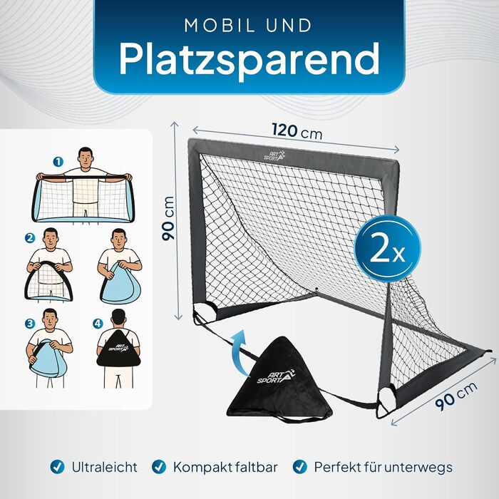 ArtSport Ворота для футболу Pop-up Goal Master - 2 шт. з аксесуарами - складані та готові до гри - 2 ворота для гри в приміщенні та на вулиці - дитячий футбол, ворота (Сірий)