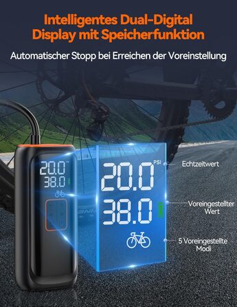 TECKNET електричний компресор 6000mAh, насос 150 PSI для авто, велосипедів, мотоциклів, м'ячів, з манометром, павербанком та ліхтариком