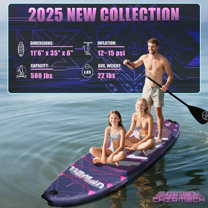 SUP-дошка Upwell 350x89 см з сидінням, надувна дошка для SUP-серфінгу (2+1) для дорослих та підлітків, фіолетова. Комплект: рюкзак, весло, ліш, насос, плавники.