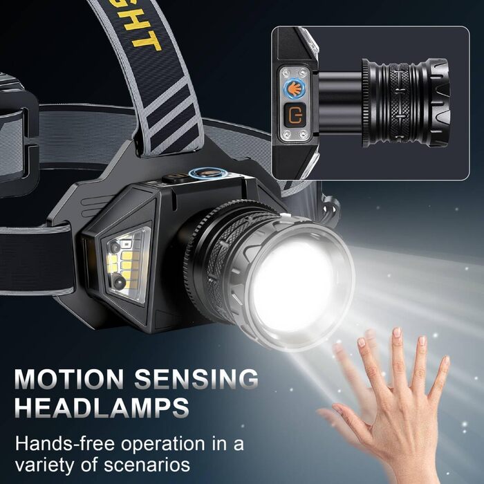 Ліхтар на лоб Spardar 120000 люменів, акумулятор 9000 mAh, регульований, 7 режимів, IPX7, для кемпінгу, полювання та бігу (білий/жовтий)