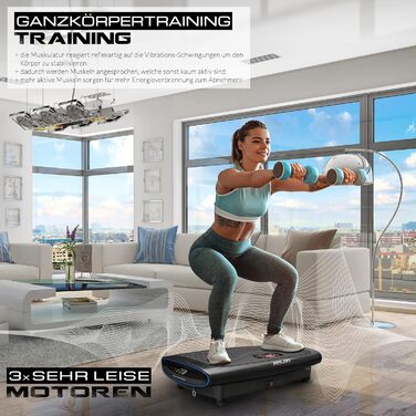 Вібраційна платформа XPLON 4D VX7 з 3 моторами, Bluetooth, LED, для тренувань, 120 рівнів, до 150 кг, з еспандерами, пультом, чорна