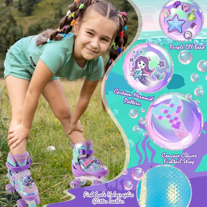Дитячі ролики Meerjungfrau для дівчаток, 4 розміри, регульовані, з підсвічуванням, для початківців, фіолетові