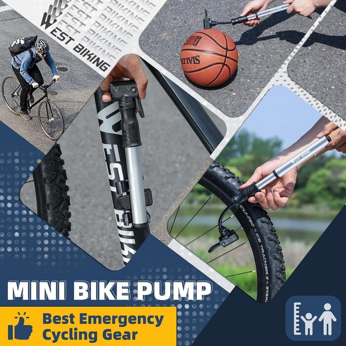 Міні-насос для велосипеда West Biking - алюмінієвий насос для всіх типів вентилів, портативний, швидка накачка, легкий, для MTB, шосе, м'ячів