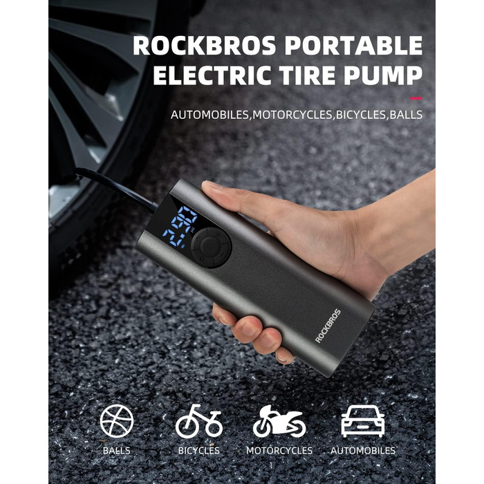 ROCKBROS Електричний насос-автокомпресор 2600mAh, 150PSI для авто, мото, велосипедів, м'ячів з LED та датчиком тиску