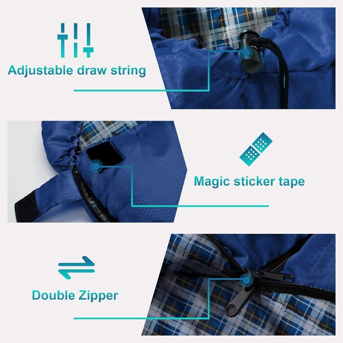 Спальний мішок Forceatt 3-4 сезони, -5°C, фланель та поліестер, для дорослих, водонепроникний, теплий, для кемпінгу, відпочинку на природі та холодних умов. 10°-Морська хвиля