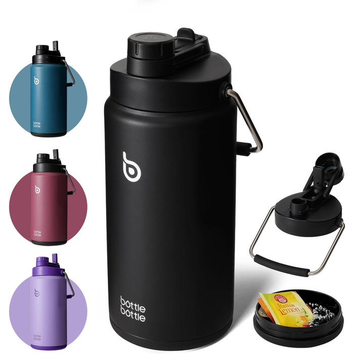 Термобутилка BOTTLE BOTTLE 1.8 л з трубочкою, пігулковницею та ручкою, нержавіюча сталева пляшка для води для спорту і подорожей, чорна