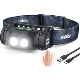 UNBON Налобний ліхтар LED, перезарядна кофлампа з USB-C, 3 режими, датчик, водонепроникність IPX4, для піших прогулянок, риболовлі