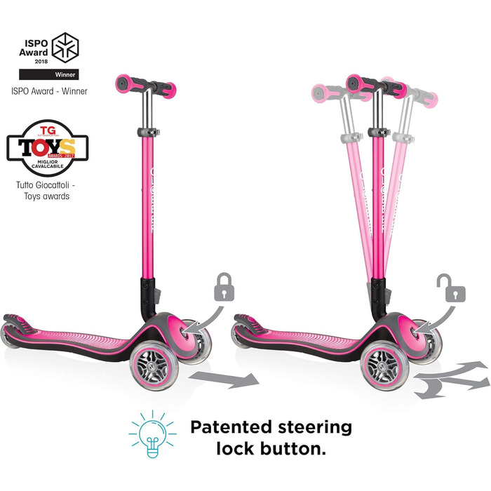 Самокат GLOBBER Elite Roller для дітей від 3 років, 3-колісний, з LED-підсвічуванням рожевого кольору, регульована висота, підшипники ABEC 5