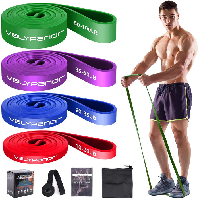 Набір еластичних стрічок для фітнесу Widerstandsbänder: 4 рівні, для силових тренувань, йоги, пілатесу, кросфіту, з кріпленням для дверей та сумкою для зберігання. Червоні, сині, фіолетові, зелені.