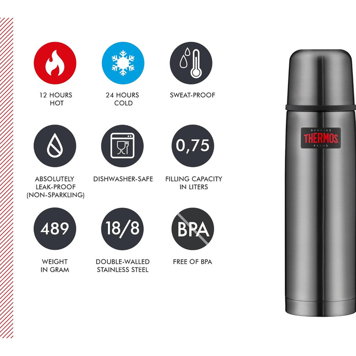Термос пляшка Thermos Light & Compact 0,75 л, сталева ізоляційна фляга сірого кольору з чашкою, зберігає тепло 18 год/холод 24 год, не пропускає рідину, без BPA, можна мити в посудомийці