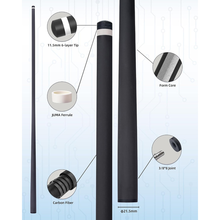 Карбоновий шафт для більярдного кия KONLLEN BlackShaft Radial 11.5 мм, Low Deflection, Pro-Taper, поміранчева накладка, з'єднання 3/8×8 або Uni-Loc, 74 см