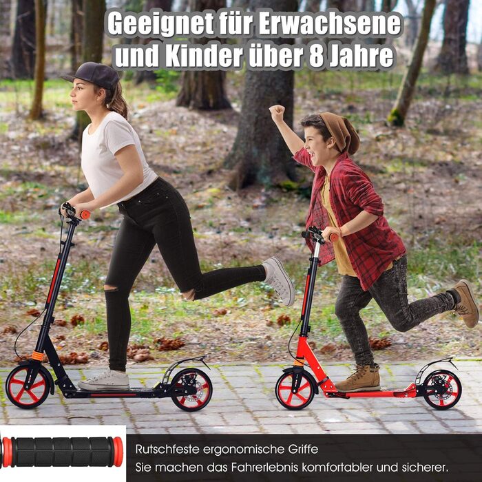 GOPLUS Ролер Кіндер 8 років, міський ролер для дітей, підлітків та дорослих до 100 кг, 3-рівневий регульований ролер, складаний самокат з колесами 200 мм, гальмо на задньому колесі та ремінь (Червоний)