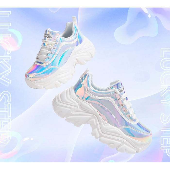 Кросівки жіночі LUCKY STEP Chunky на платформі, білі голографічні (42 EU) - зручні кеди на підборах