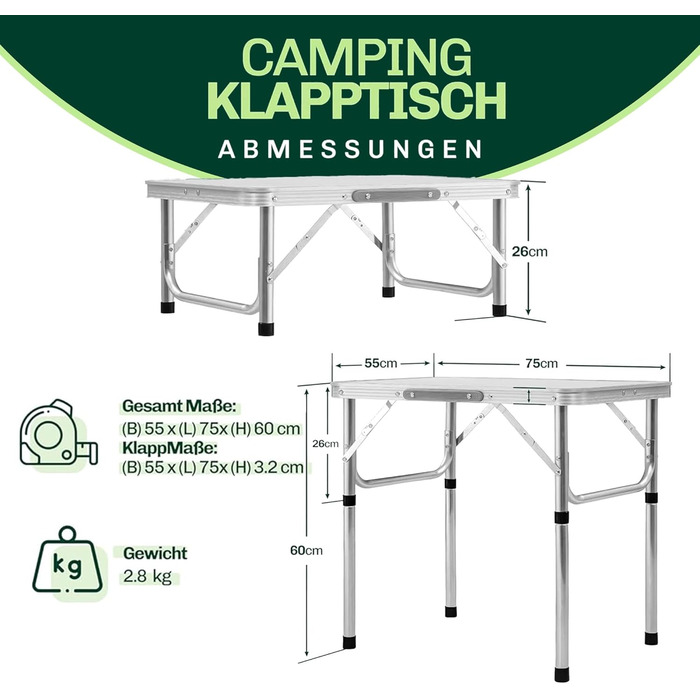 Складний туристичний стіл Campingtisch: регульована висота, зручний ручний перенесення, легкий алюміній, 75x55x26/60 см. Ідеальний для кемпінгу, саду та балкону.