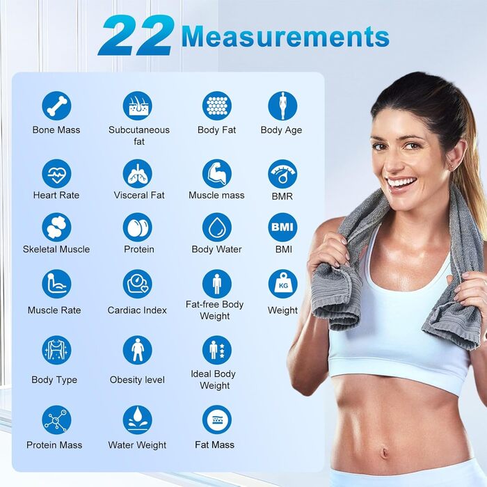 Вага для вимірювання жиру в тілі з великим дисплеєм, точна вага з аналізом жиру та м'язової маси, персональна вага з аналізом складу тіла (22 показники), частота серцевих скорочень, ІМТ, смарт-вага з підключенням до додатку