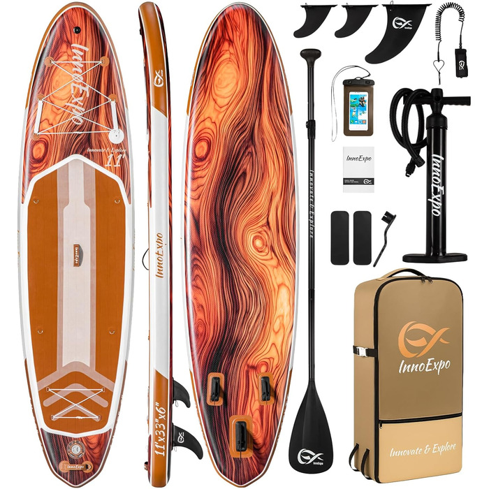 Надувні SUP-дошки InnoExpo 11' з преміум аксесуарами: широка, стабільна дошка з антиковзким деком для підлітків та дорослих (дерево)