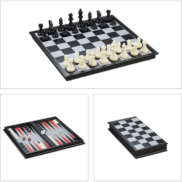 Шахи Relaxdays 3-в-1: шахи, шашки, нарди. Магнітний, складаний, 32x32 см, чорний/білий
