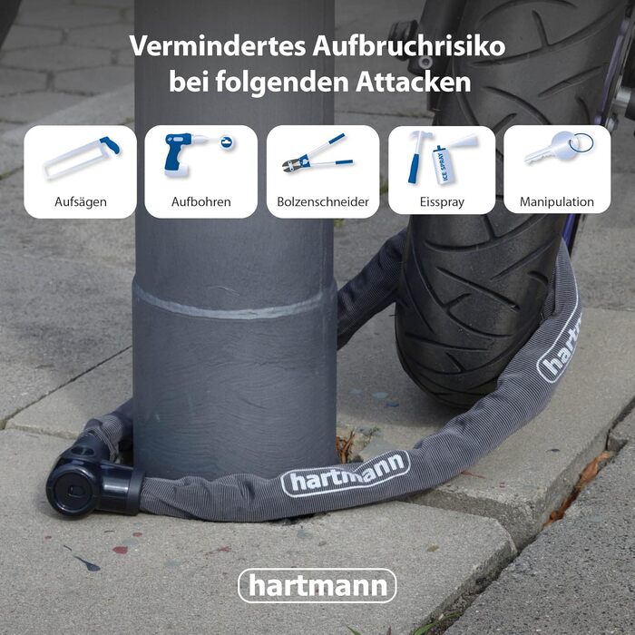 Замок ланцюговий Hartmann 120 см для мотоцикла/велосипеда з захистом від буріння та викрадення, 9,5 мм