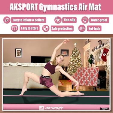 AKSPORT Килимок для гімнастики та акробатики Air Matte, 3/4/5/6м, 10/20см, з насосом, для дому, спортзалу, навчання, черлідингу (300x100x20см, чорно-зелений)