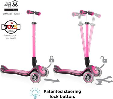 Самокат GLOBBER Elite Roller для дітей від 3 років, 3-колісний, з LED-підсвічуванням рожевого кольору, регульована висота, підшипники ABEC 5