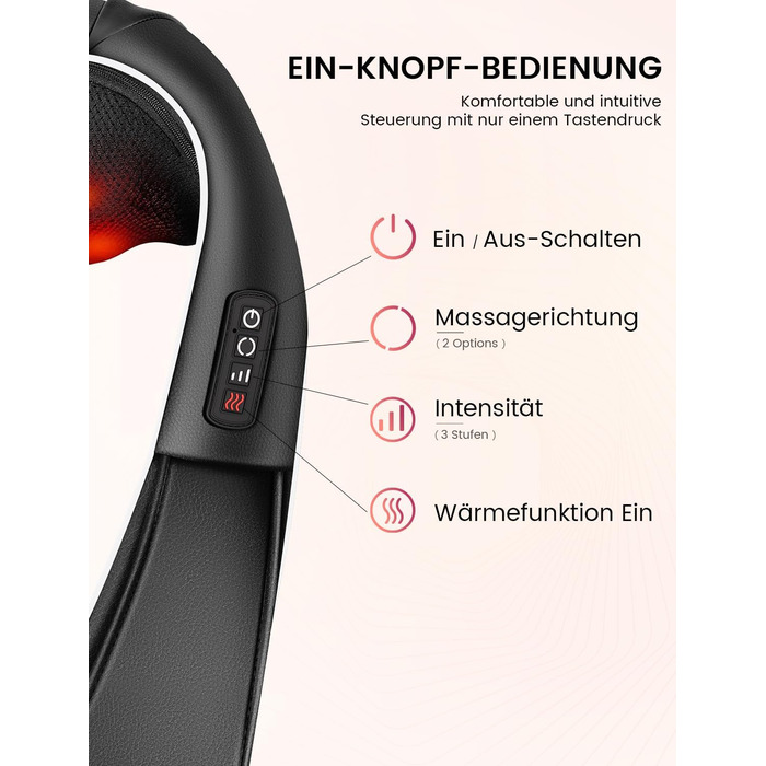 Масажер для шиї RIKE Shiatsu з підігрівом – 3D масажер для шиї, плечей та спини, з адаптерами для мережі та авто, глибокий масаж, подарунок на Різдво (сучасний)