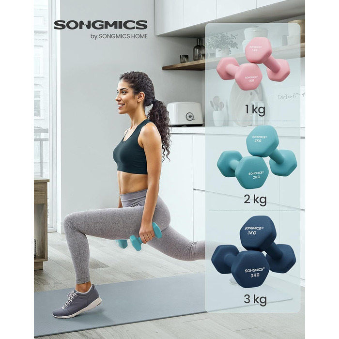 Набір гантелей SONGMICS (3 пари, 1кг-3кг), загальна вага 12кг, неопренове покриття, для фітнесу та силових тренувань (рожевий, аквамарин, синій)